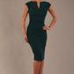 model wearing diva catwalk lydia sleeveless pencil flattering fitted plain dress with split neckline and pleating across the body green gables front (Green Gables)