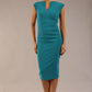 brunette model wearing diva catwalk lydia sleeveless pencil flattering fitted plain dress with split neckline and pleating across the body mosaic blue front (Mosaic Blue)