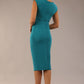 brunette model wearing diva catwalk lydia sleeveless pencil flattering fitted plain dress with split neckline and pleating across the body mosaic blue back (Mosaic Blue)