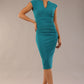 brunette model wearing diva catwalk lydia sleeveless pencil flattering fitted plain dress with split neckline and pleating across the body mosaic blue front (Mosaic Blue)