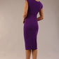 brunette model wearing diva catwalk lydia sleeveless pencil flattering fitted plain dress with split neckline and pleating across the body passion purple back (Passion Purple)