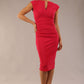 brunette model wearing diva catwalk lydia sleeveless pencil flattering fitted plain dress with split neckline and pleating across the body Raspberry pink front (Raspberry Pink)