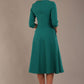 model is wearing diva catwalk casares swing dress with a keyhole neckline three quarter sleeve dress with pocket detail in Parasailing green back (Parasailing Green)