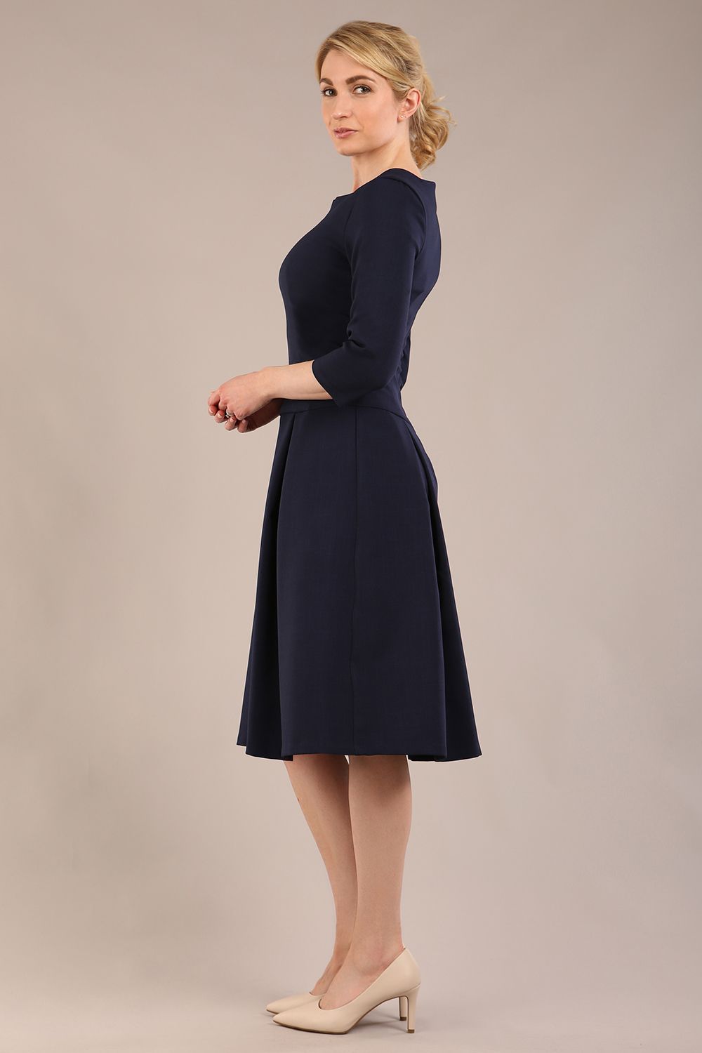 model is wearing a diva catwalk Cordelia Square Neck Pleated Midi A-line Dress with 3/4 sleeve in navy blue colour side  (Navy Blue)