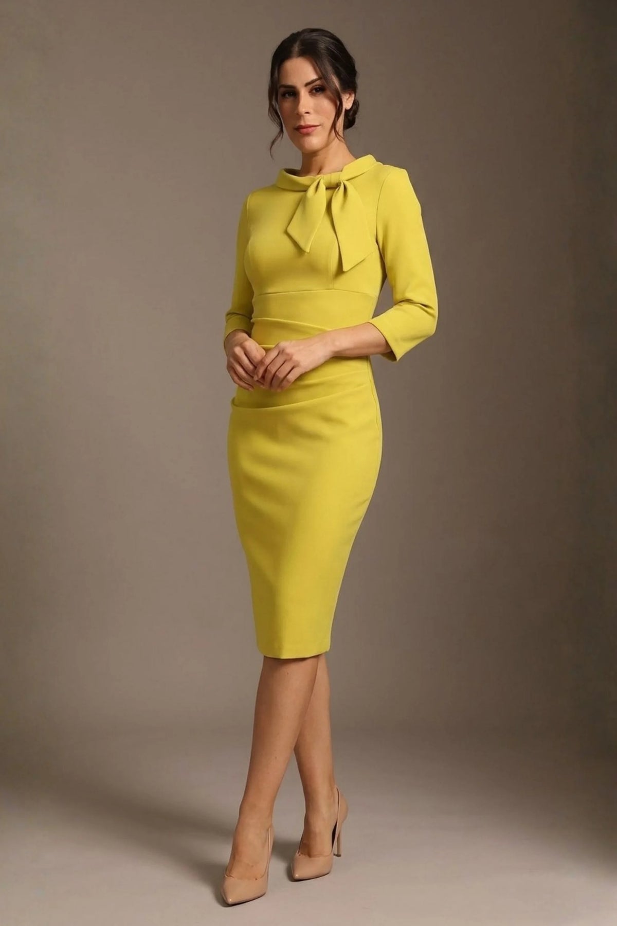 Juliette 3/4 Sleeve Knee Length Pencil Dress in Citrus Green – Diva Catwalk, image 13