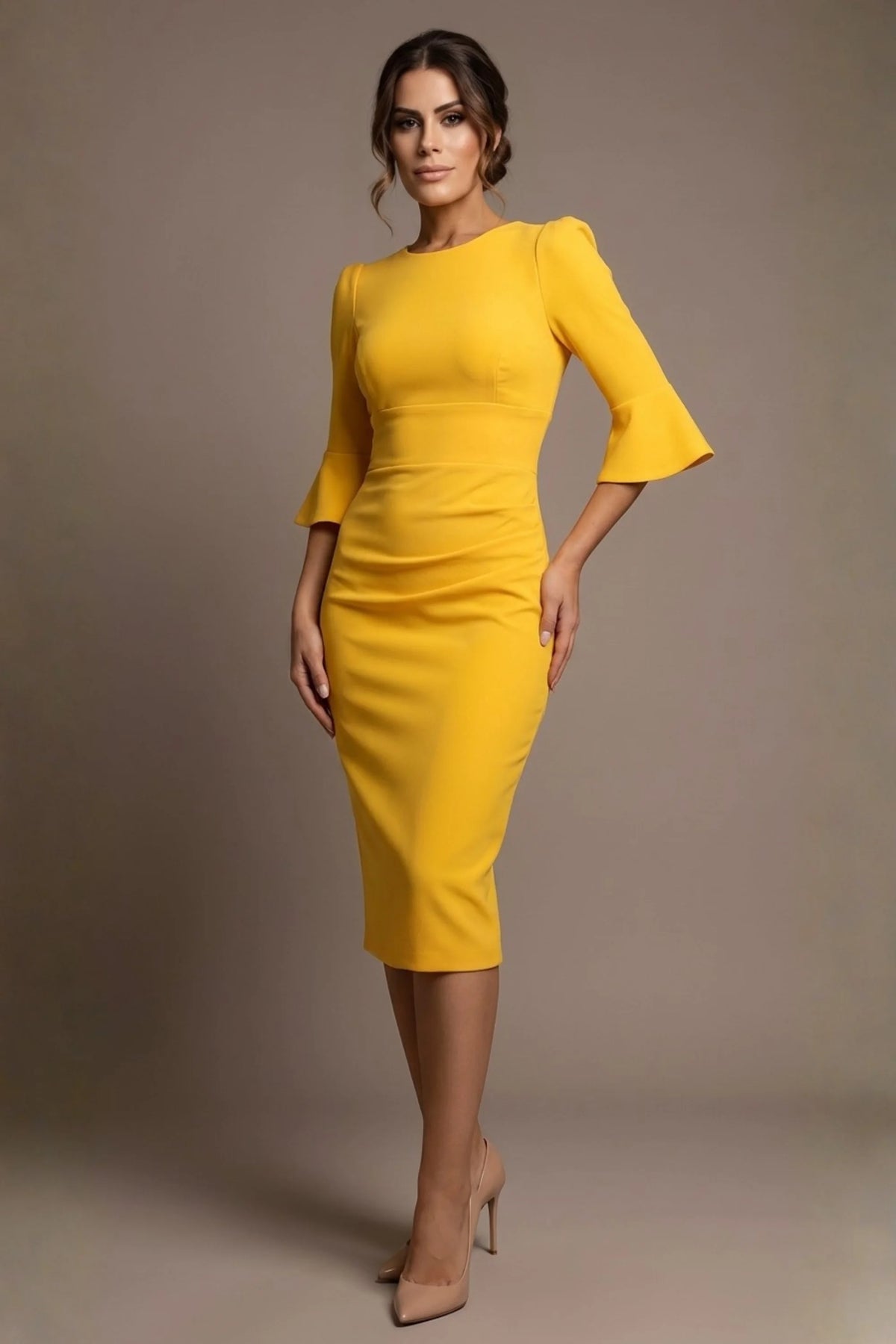 Santorini 3/4 Length Bell Sleeve Midi Pencil Dress in Sunshine Yellow – Diva Catwalk, image 4