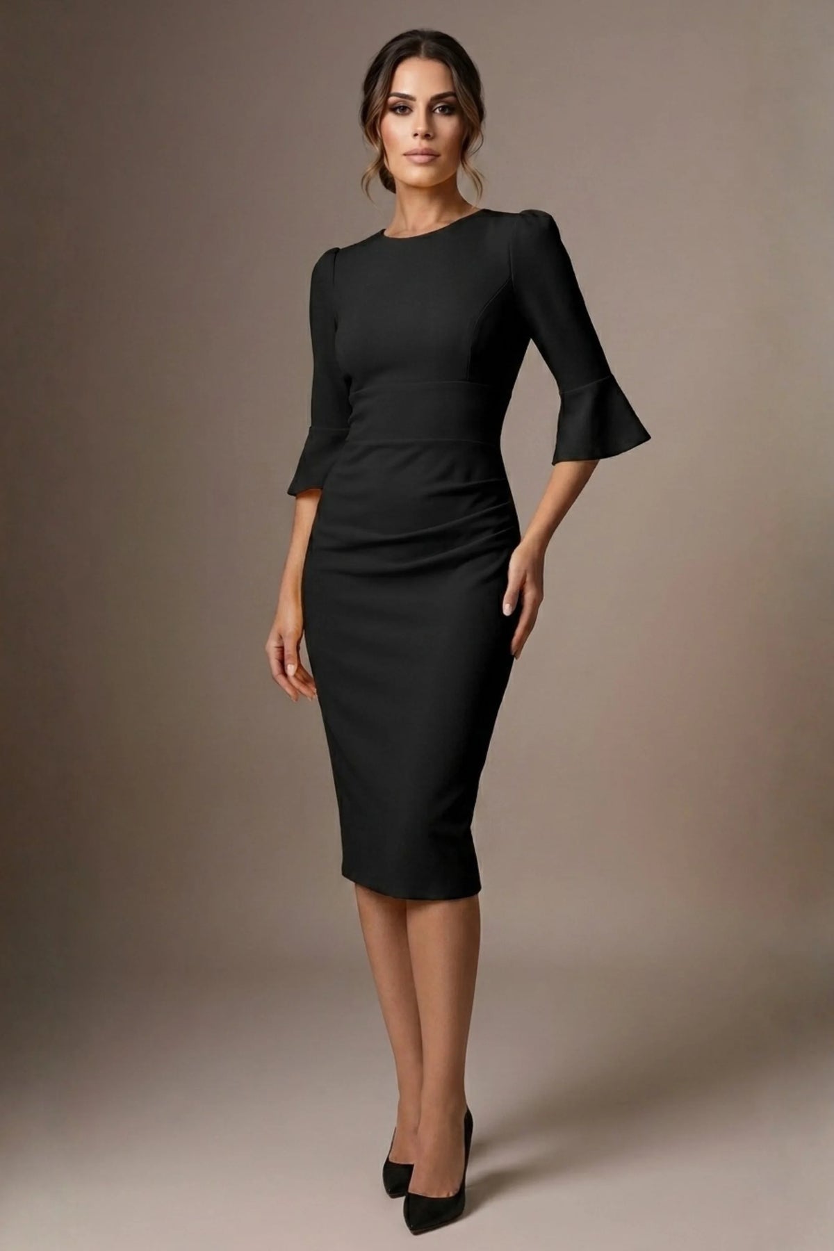 Santorini 3/4 Length Bell Sleeve Midi Pencil Dress in Black – Diva Catwalk, image 3