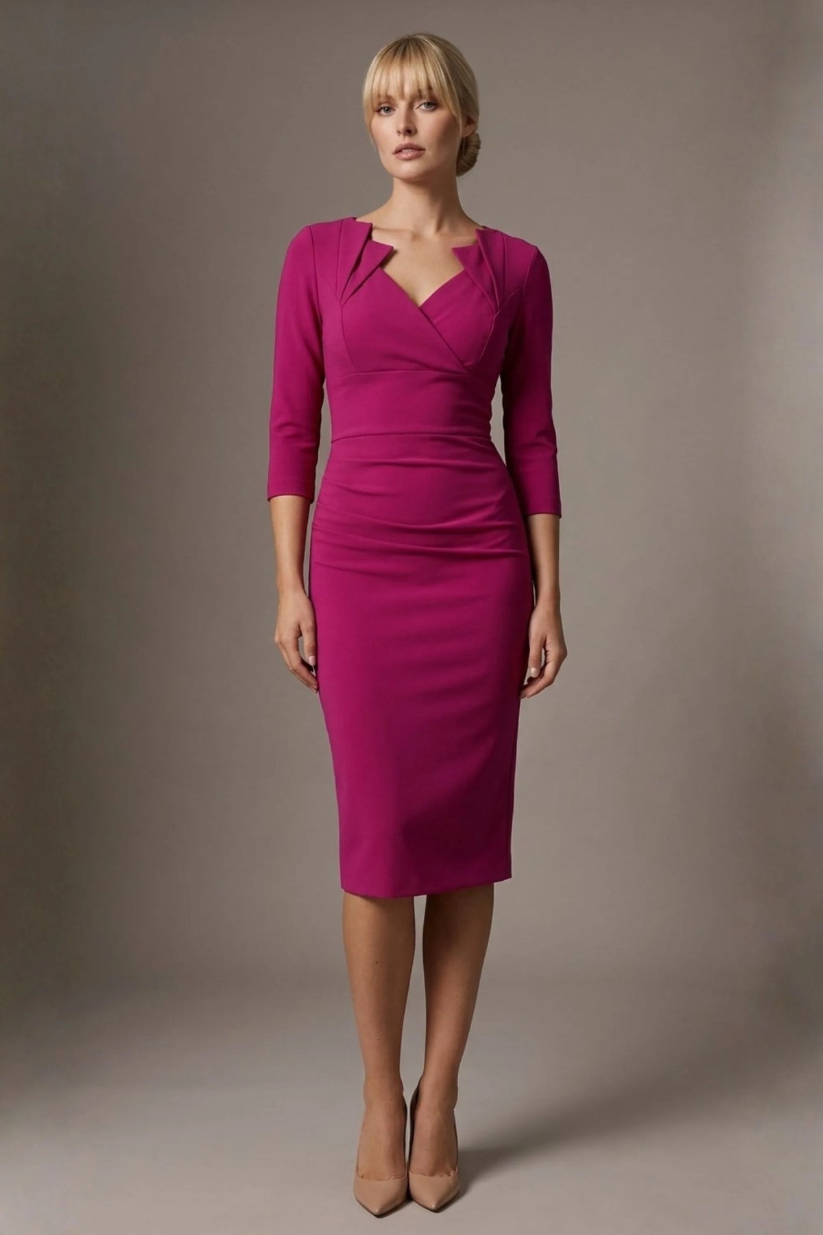 Indira 3/4 Sleeve Knee Length Pencil Dress in Magenta Haze – Diva Catwalk, image 61