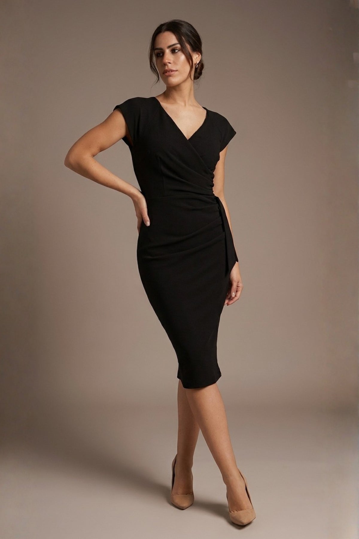 Syon Short Sleeved Pencil Dress in Black – Diva Catwalk, image 3