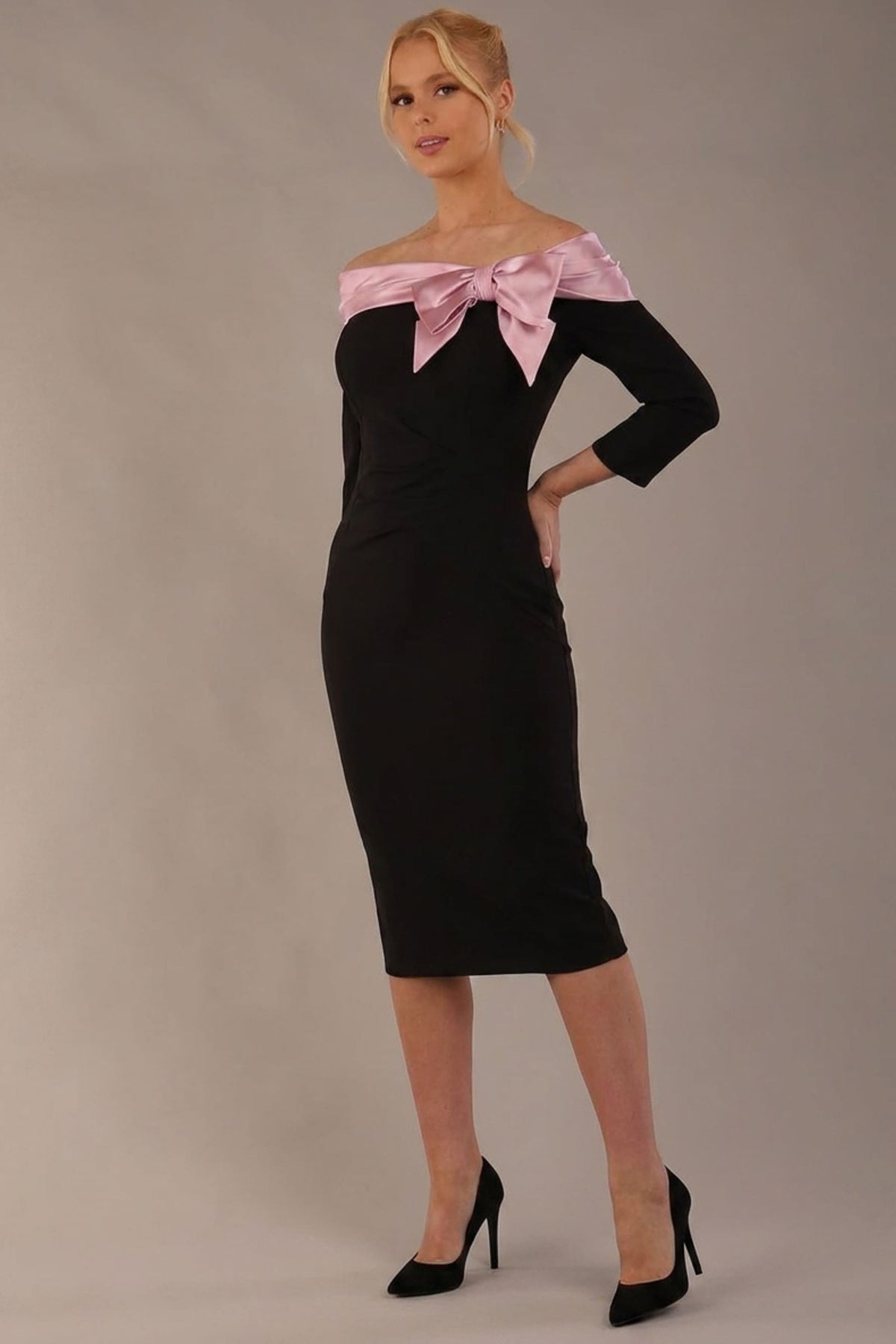 Rosalind Off Shoulder Bow Detail Pencil Dress – Diva Catwalk, image 3