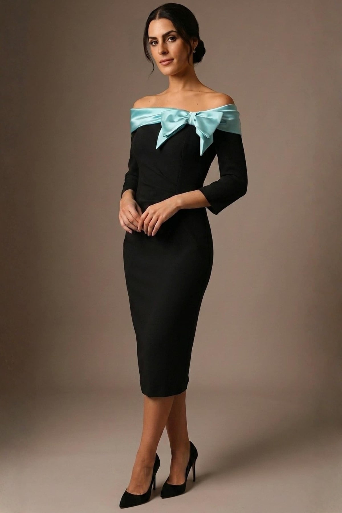 Rosalind Off Shoulder Bow Detail Pencil Dress in Black / Turquoise Contrast – Diva Catwalk, image 4