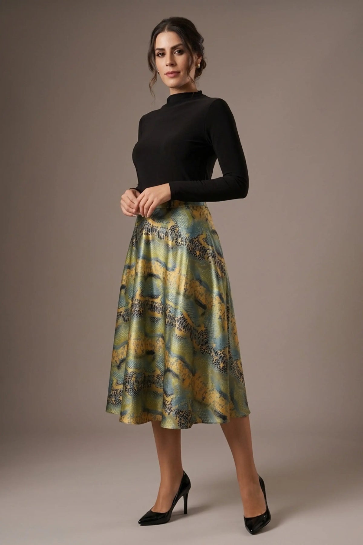 Gwendolyn Midi Length Skirt in Snakeskin Print Satin – Diva Catwalk, image 1