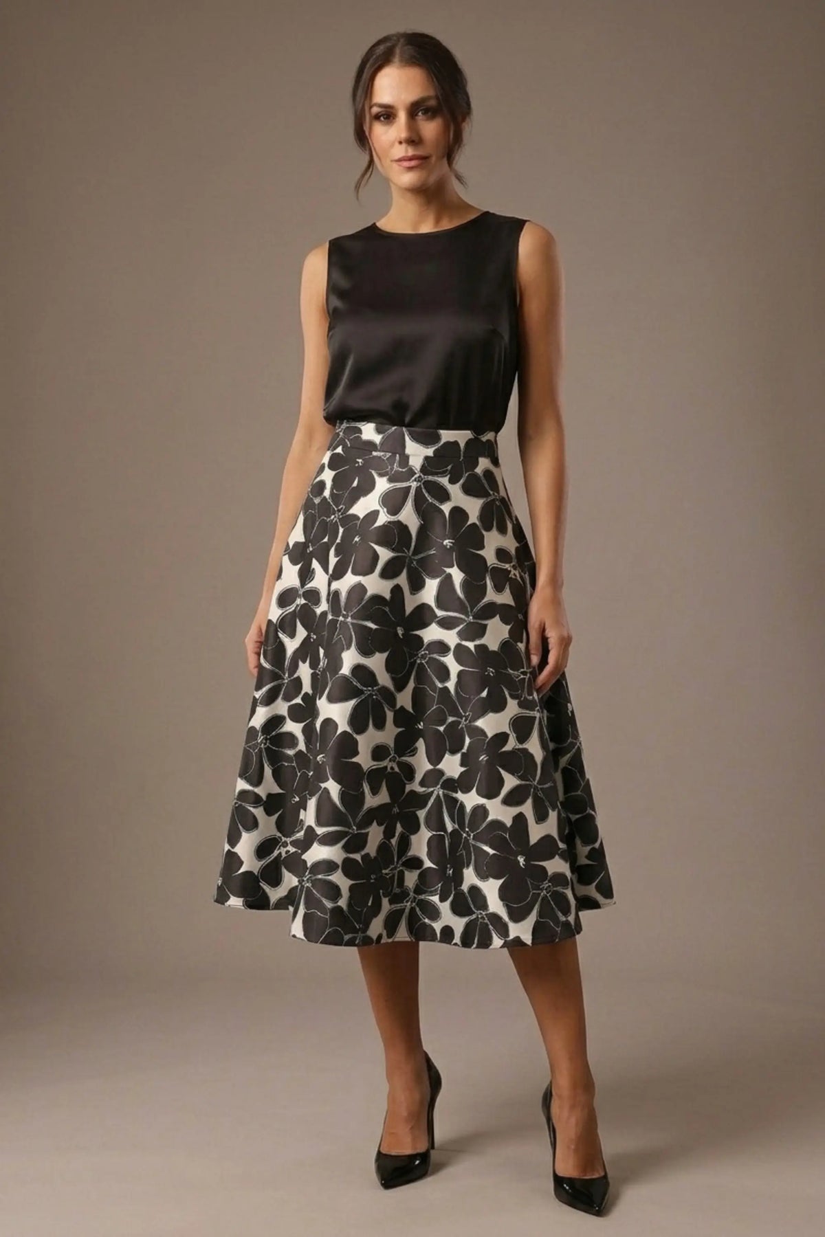 Gwendolyn Midi Length Skirt in Floral Print satin – Diva Catwalk, image 2