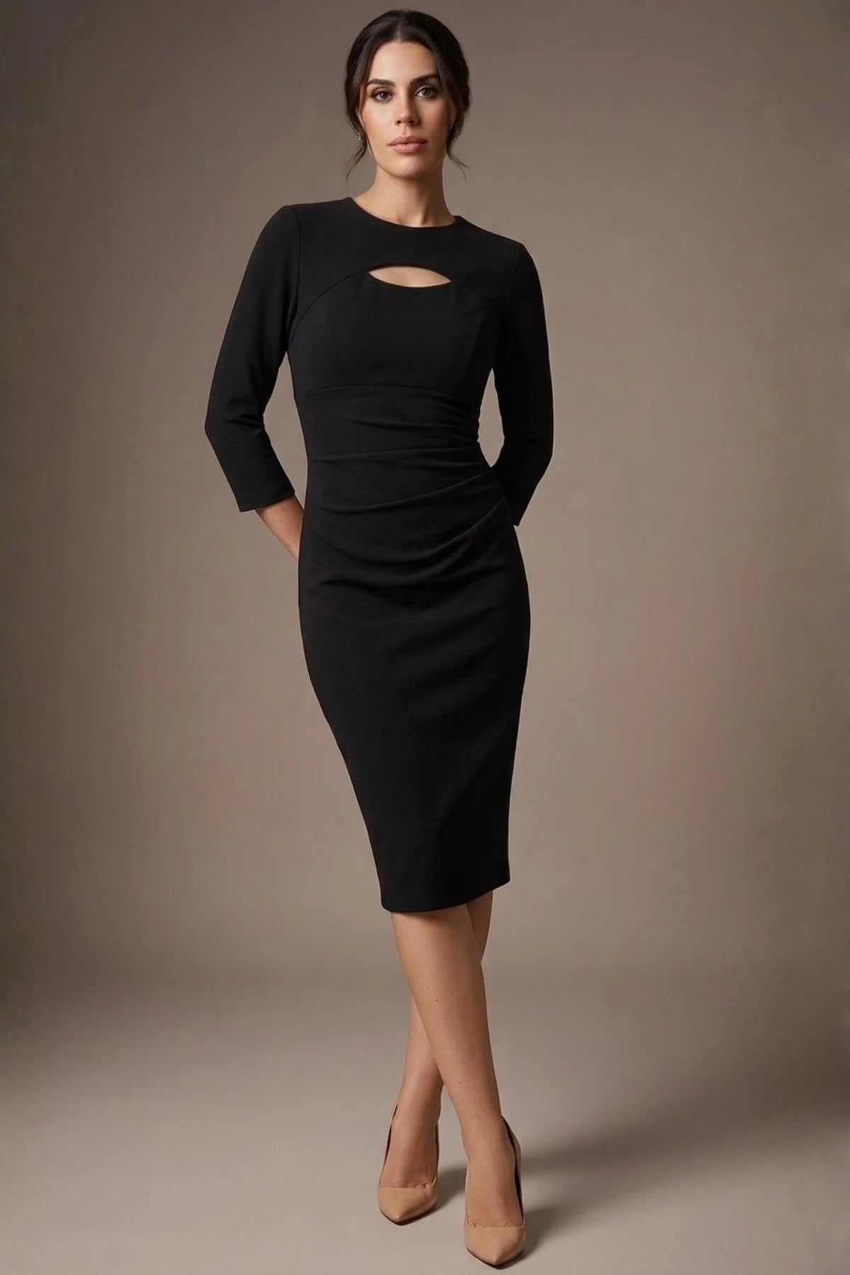 Clementine Keyhole Sleeved Pencil Dress in Black – Diva Catwalk, image 3