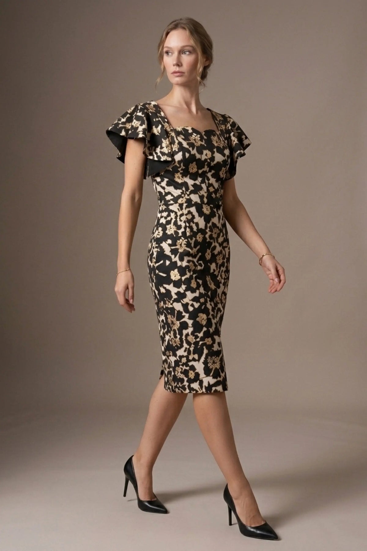 Goldie Pencil Dress in Black and Gold Print – Diva Catwalk, image 1