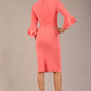 brunette model is wearing a diva catwalk Hobson ruffled sleeves Pencil Dress with tie waistband knee length in Dahlia Pink colour back (Dahlia Pink)
