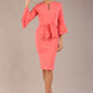brunette model is wearing a diva catwalk Hobson ruffled sleeves Pencil Dress with tie waistband knee length in Dahlia Pink colour front with a hat (Dahlia Pink)