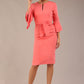 brunette model is wearing a diva catwalk Hobson ruffled sleeves Pencil Dress with tie waistband knee length in Dahlia Pink colour front with a hat (Dahlia Pink)