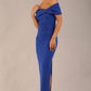 model is wearing a diva catwalk Mariposa Longer Length Dress off the shoulder bardot neckline and midaxi length in cobalt blue colour