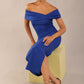 model is wearing a diva catwalk Mariposa Longer Length Dress off the shoulder bardot neckline and midaxi length in cobalt blue colour