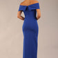 model is wearing a diva catwalk Mariposa Longer Length Dress off the shoulder bardot neckline and midaxi length in cobalt blue colour