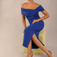 model is wearing a diva catwalk Mariposa Longer Length Dress off the shoulder bardot neckline and midaxi length in cobalt blue colour
