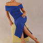 model is wearing a diva catwalk Mariposa Longer Length Dress off the shoulder bardot neckline and midaxi length in cobalt blue colour