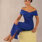 model is wearing a diva catwalk Mariposa Longer Length Dress off the shoulder bardot neckline and midaxi length in cobalt blue colour
