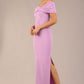 brunette model is wearing a diva catwalk Mariposa Longer Length Dress off the shoulder bardot neckline and midaxi length in sheer lilac colour front image