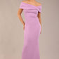 brunette model is wearing a diva catwalk Mariposa Longer Length Dress off the shoulder bardot neckline and midaxi length in sheer lilac colour front image