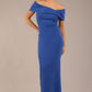 brunette model is wearing a diva catwalk Mariposa Longer Length Dress off the shoulder bardot neckline and midaxi length in cobalt blue colour front image