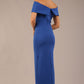 brunette model is wearing a diva catwalk Mariposa Longer Length Dress off the shoulder bardot neckline and midaxi length in cobalt blue colour back image
