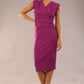 model wearing a diva catwalk Caprice Cap Sleeved Pencil Dress cap sleeve v neckline knee length with pleating details in hollyhock purple colour (Hollyhock Purple)