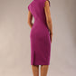 model wearing a diva catwalk Caprice Cap Sleeved Pencil Dress cap sleeve v neckline knee length with pleating details in hollyhock purple colour (Hollyhock Purple)
