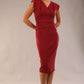 model wearing a diva catwalk Caprice Cap Sleeved Pencil Dress cap sleeve v neckline knee length with pleating details in wine colour (Wine)