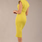 model wearing a diva catwalk Caprice Cap Sleeved Pencil Dress cap sleeve v neckline knee length with pleating details in citrus green colour back (Citrus Green)