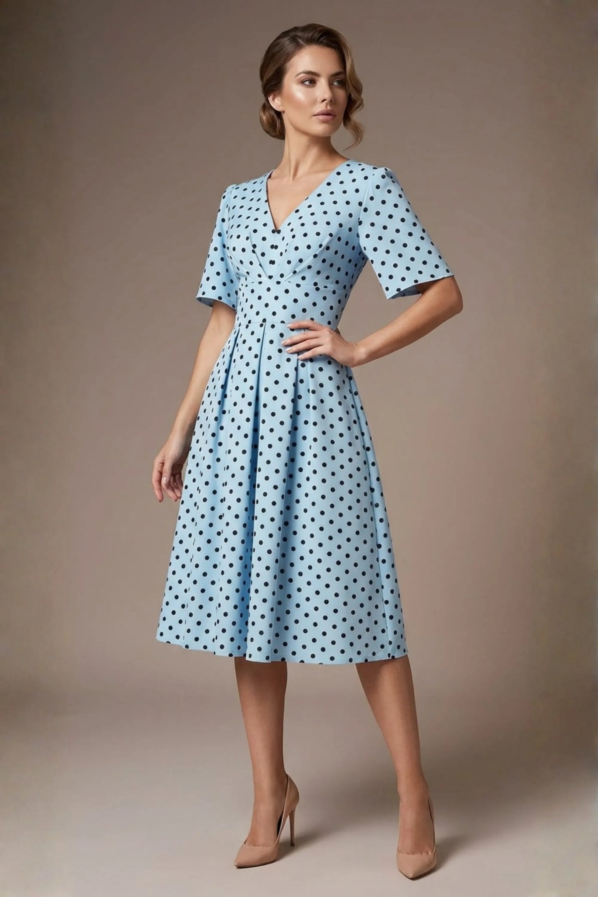 Myriad Polka Dot V Neck & Bat Sleeves Midi Dress