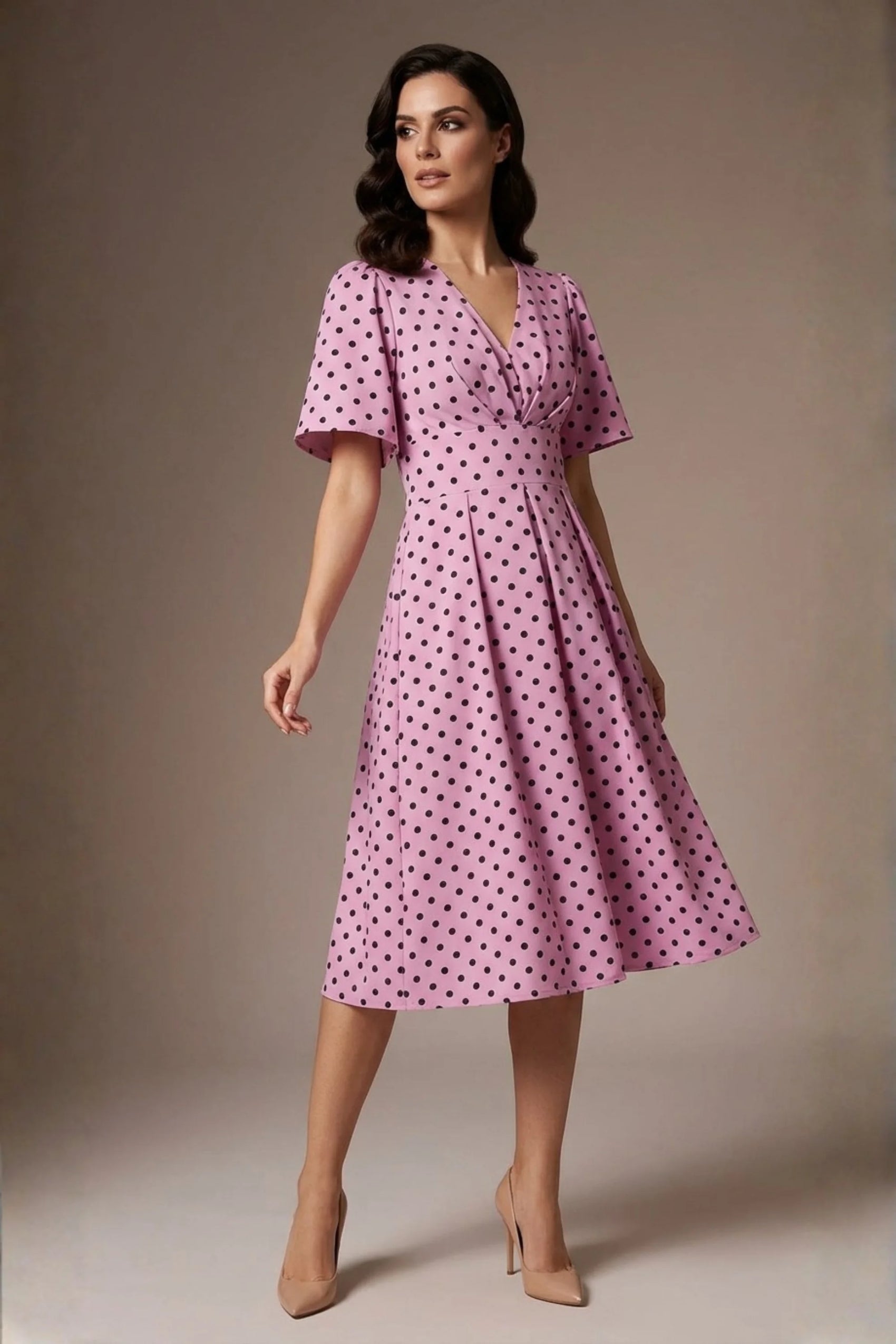 Myriad Polka Dot V Neck & Bat Sleeves Midi Dress