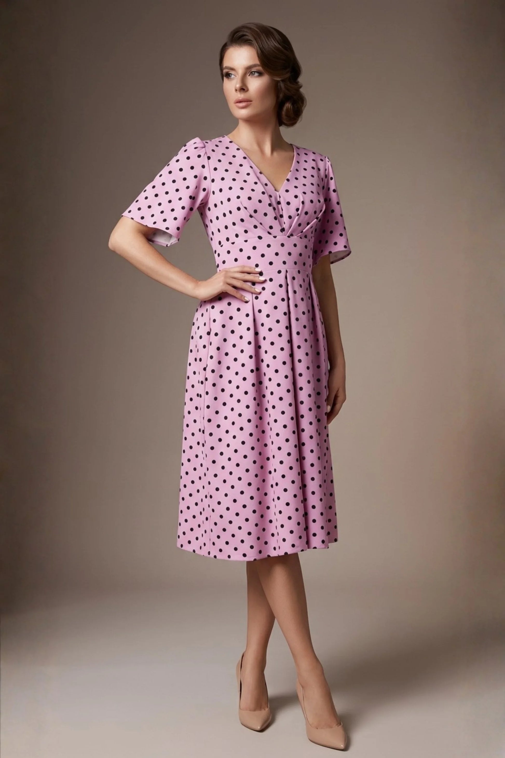 Myriad Polka Dot V Neck & Bat Sleeves Midi Dress