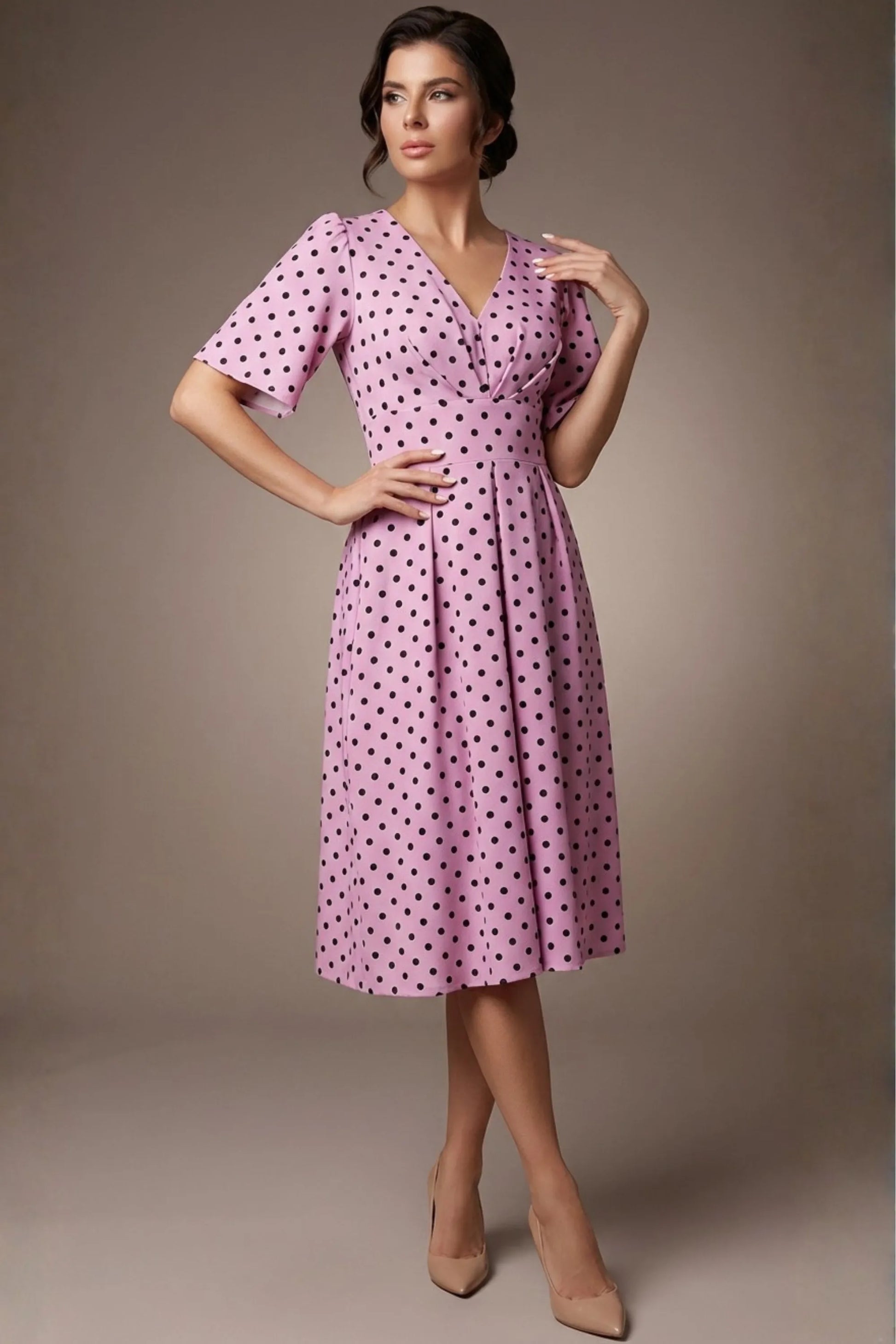 Myriad Polka Dot V Neck & Bat Sleeves Midi Dress