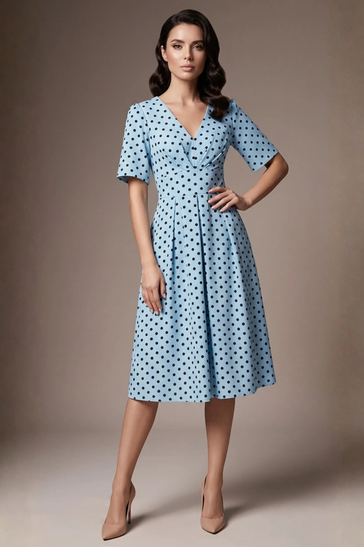 Myriad Polka Dot V Neck & Bat Sleeves Midi Dress