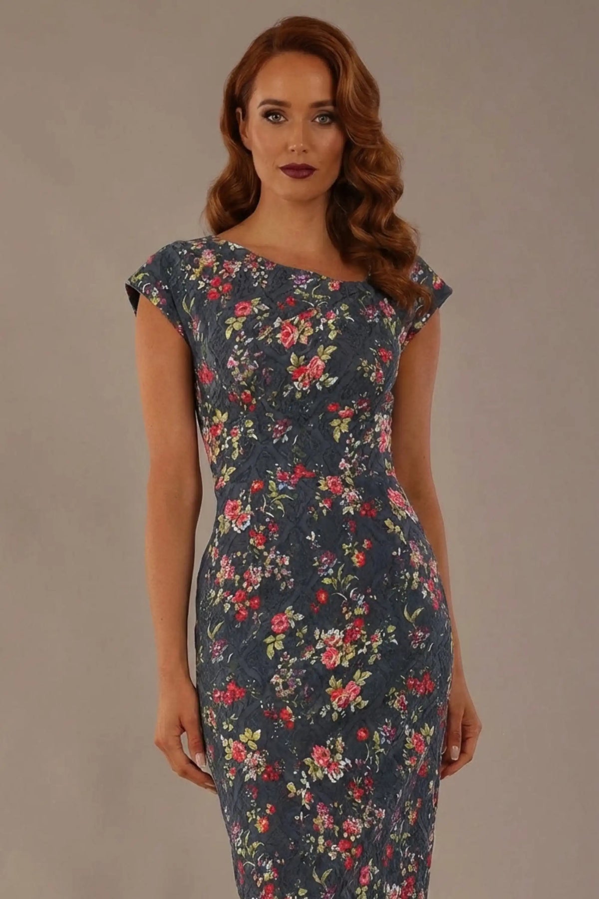 Nora Asymmetric Floral Jacquard Dress in Navy Floral – Diva Catwalk, image 2