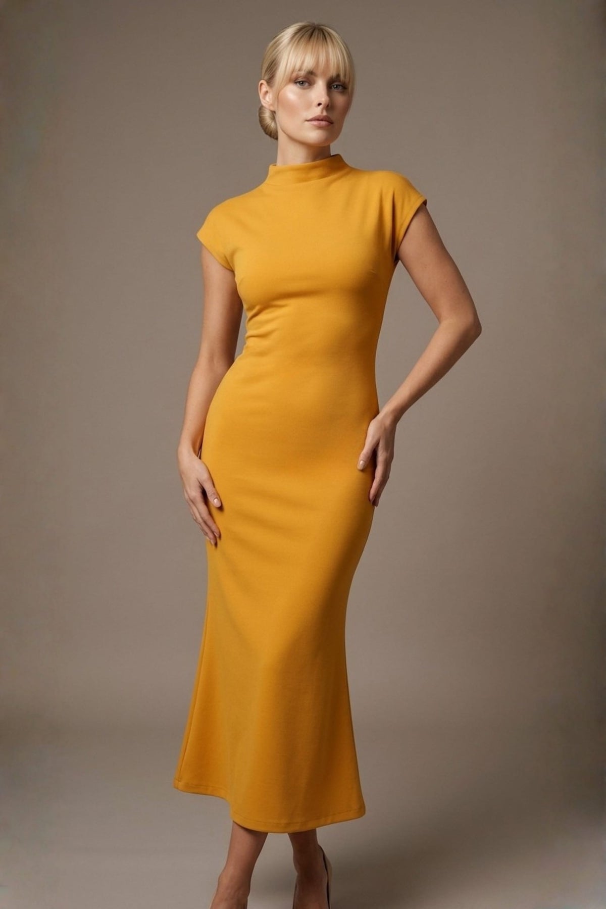 Kaden High Neck Midaxi Dress in Yellow Honey – Diva Catwalk, image 1
