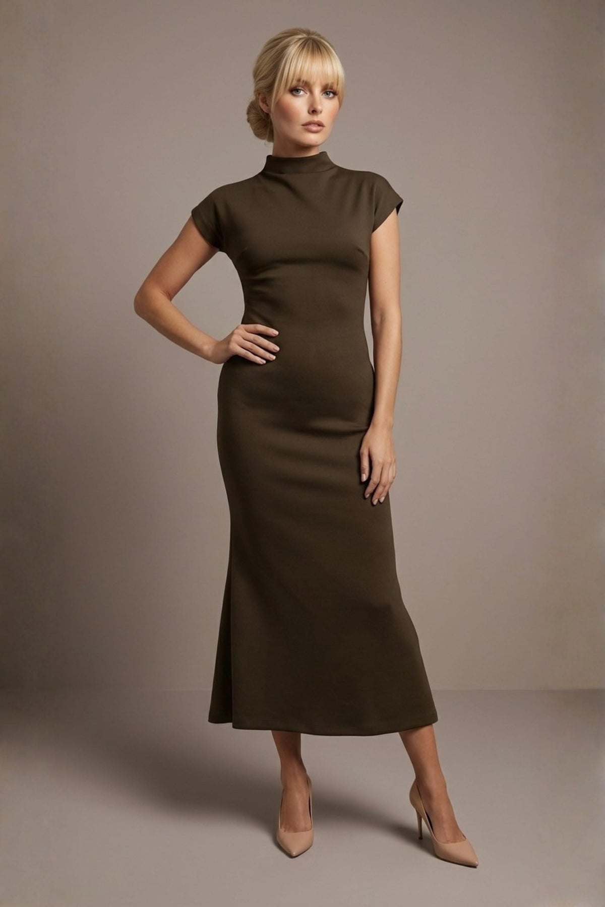 Kaden High Neck Midaxi Dress in Bronze Green – Diva Catwalk, image 24
