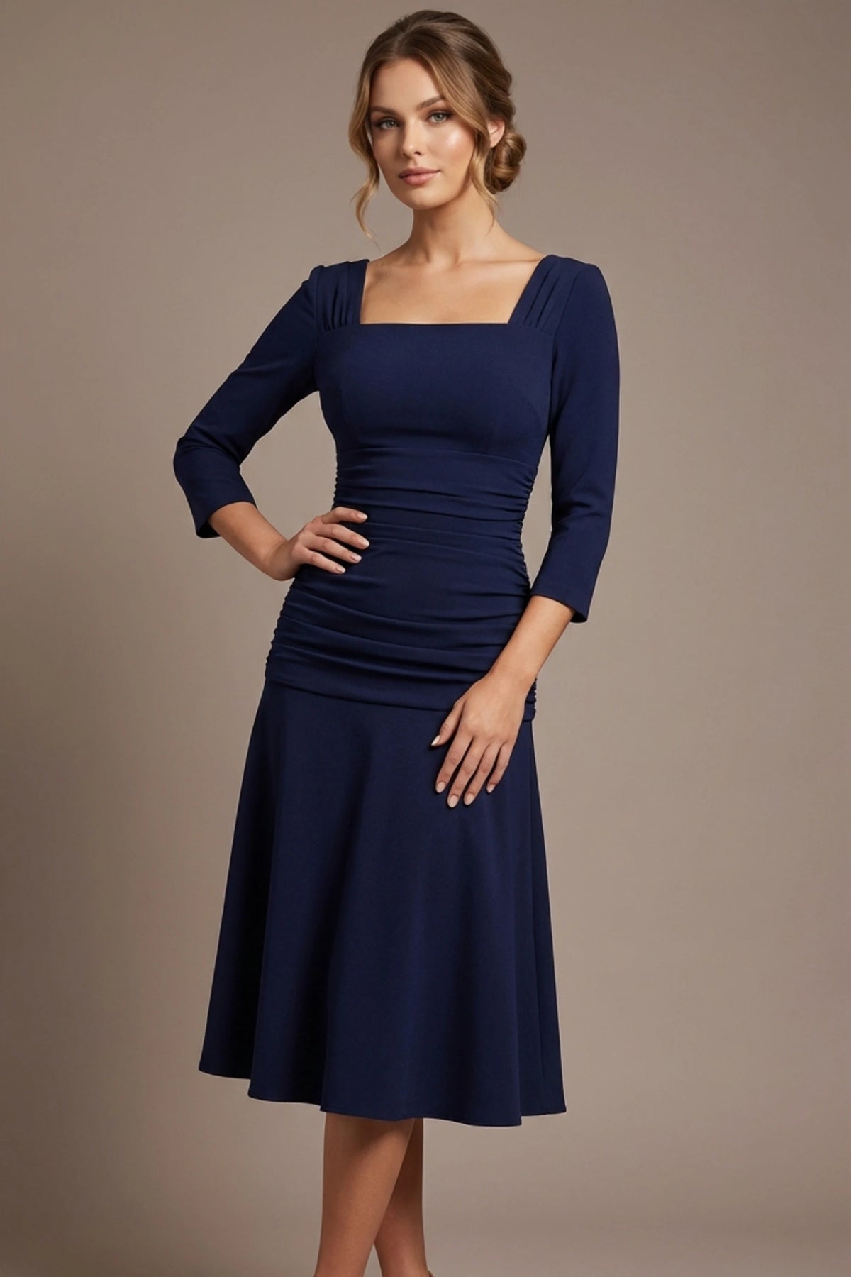 Rowan Ruched Square Neck Dress in Navy Blue – Diva Catwalk, image 5
