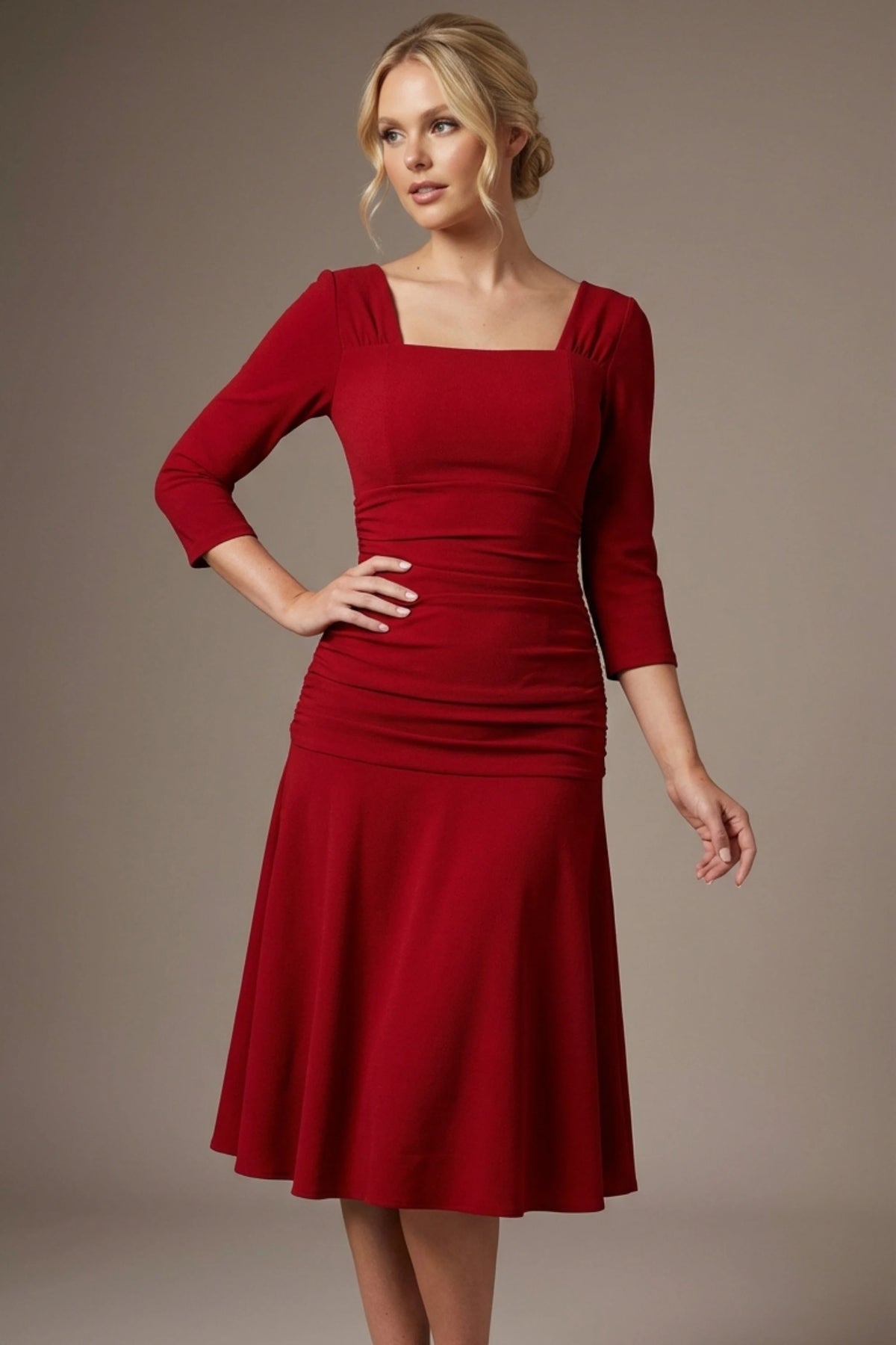 Rowan Ruched Square Neck Dress in Scarlet Red – Diva Catwalk, image 3