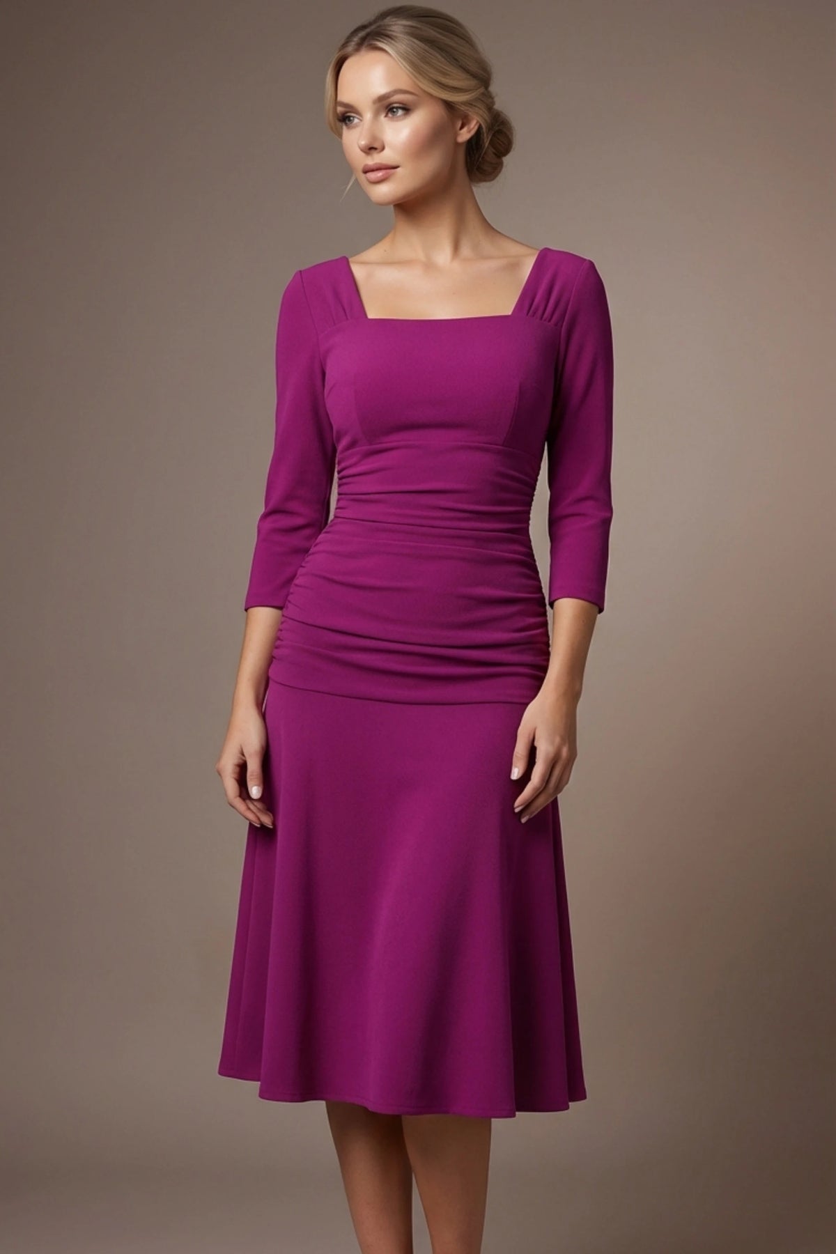 Rowan Ruched Square Neck Dress in Magenta – Diva Catwalk, image 1