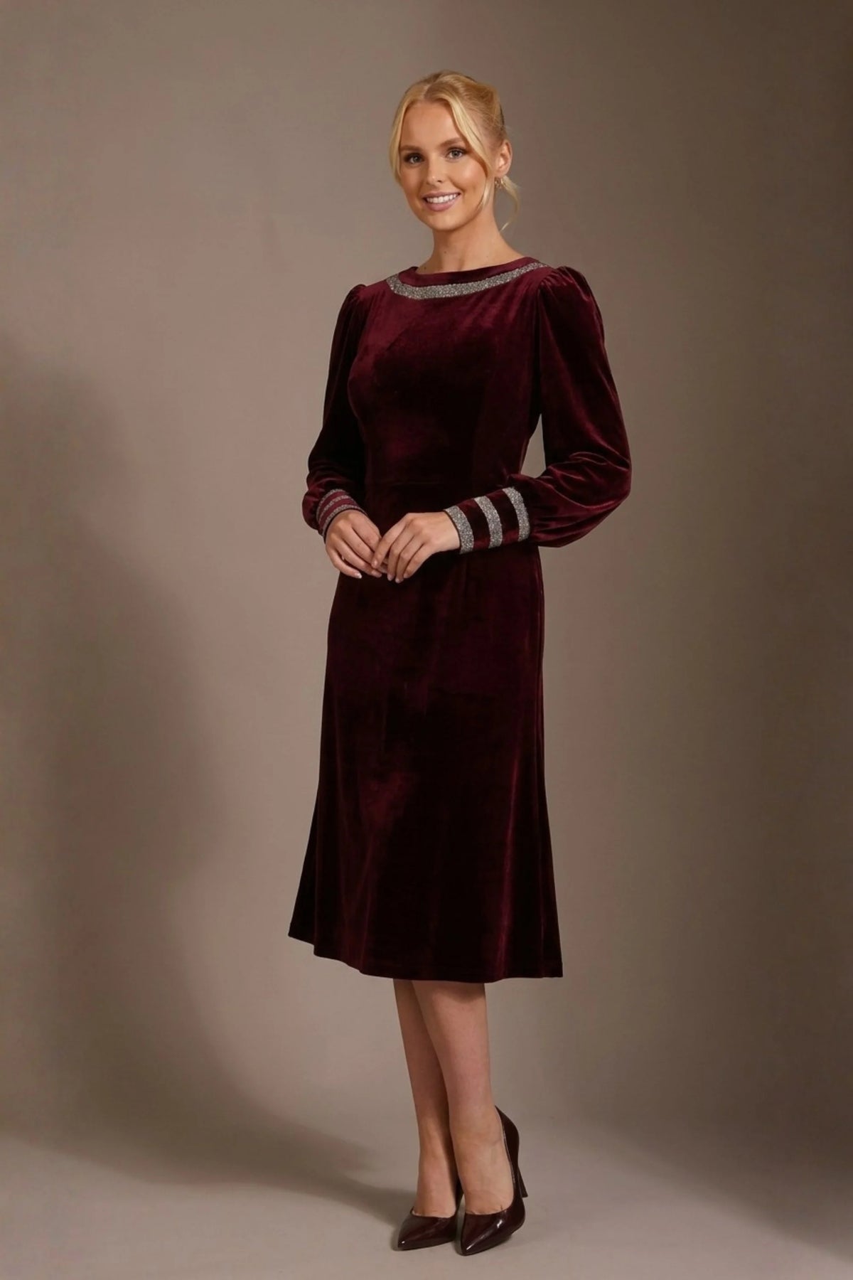 Spinetti Long-Sleeved Jewelled Velvet Midi Dress in Burgundy Velvet with Silver Glitter – Diva Catwalk, image 1