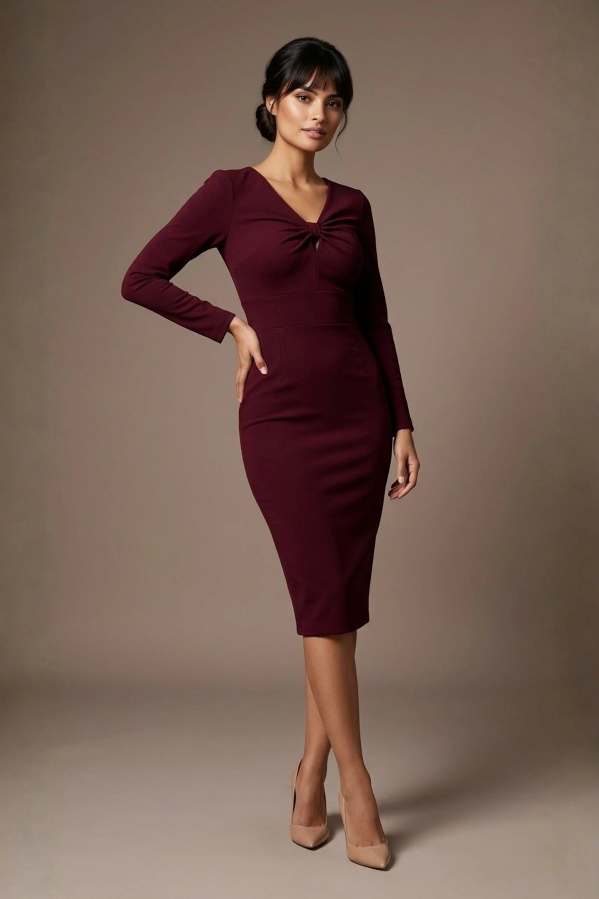 Heidi Sculpted Long Sleeve Pencil Dress in Blissful Burgundy – Diva Catwalk, image 34