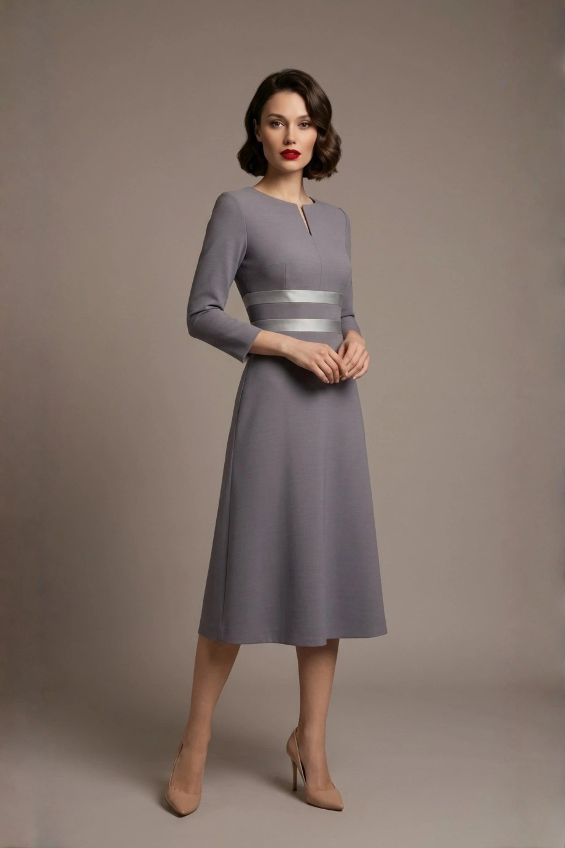 model wearing the Seed Alisa dress, showcasing the sharp V-notch neckline, flawless tailoring, and luxurious satin contrast detail (Sky Grey - Silver Grey)